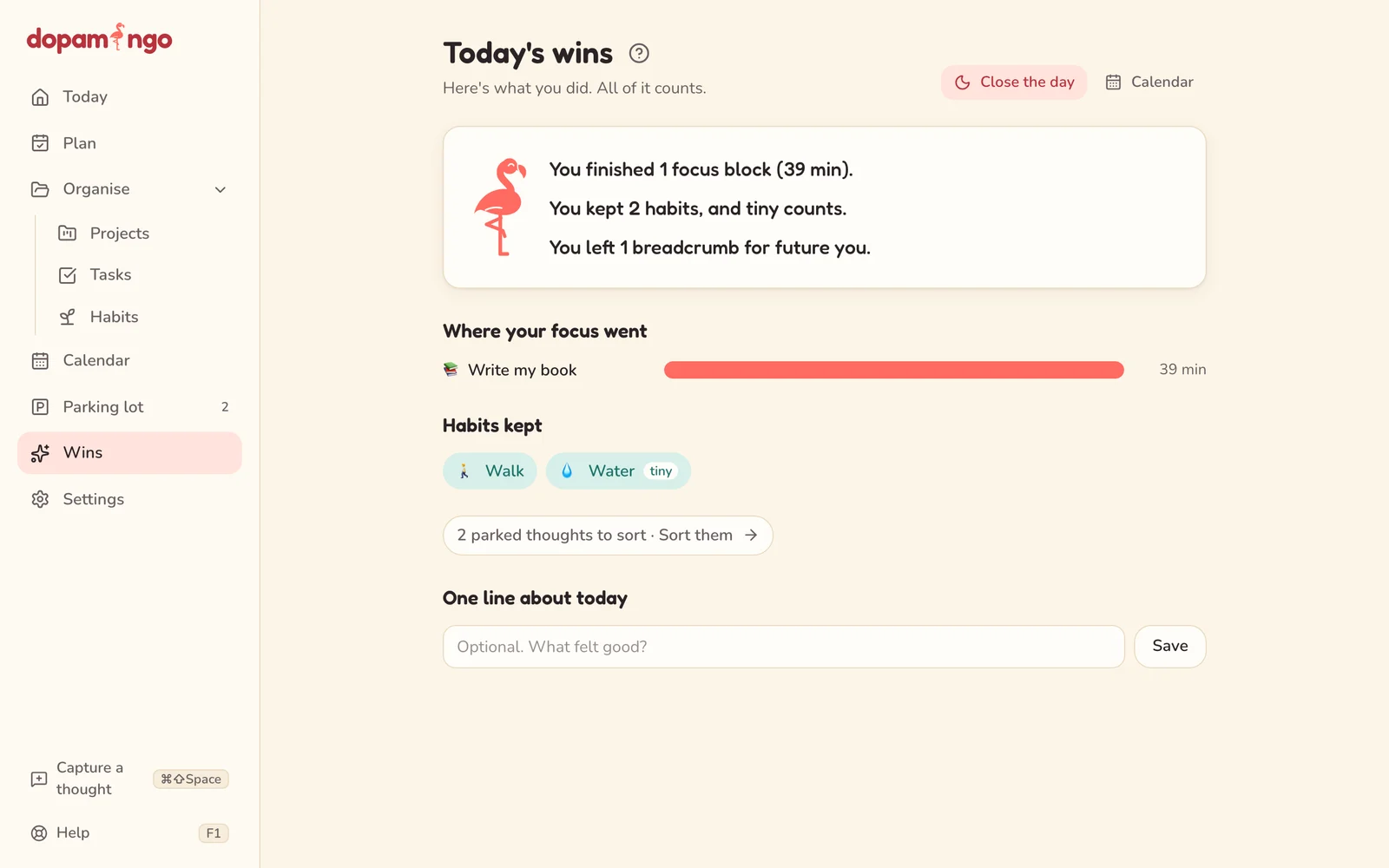 Today's wins: focus time, habits kept and notes left for tomorrow.
